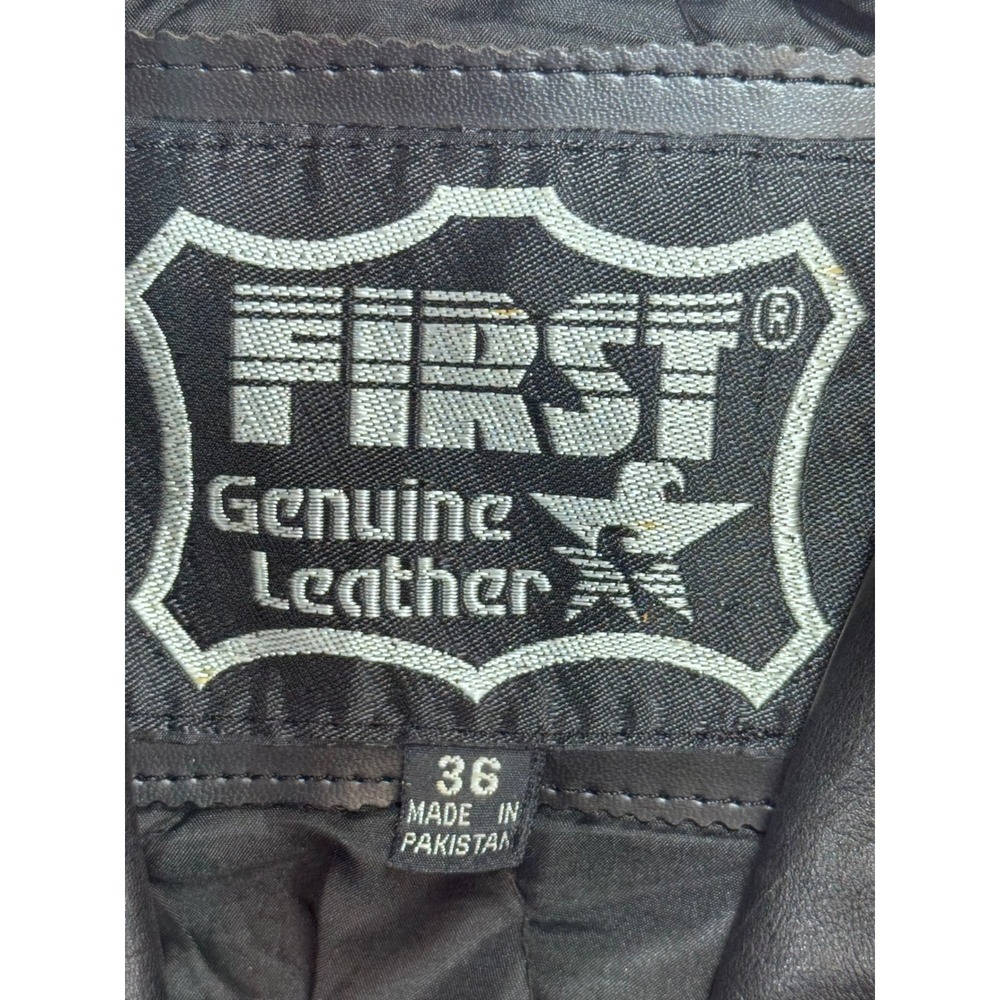 First Genuine Leather Motorcycle Jacket Black Biker Belted Quilted Lining 36